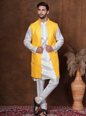 Golden silk blend kurta jacket churidar set for men with embroidered work 1
