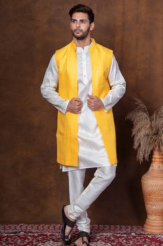 Golden silk blend kurta jacket churidar set for men with embroidered work
