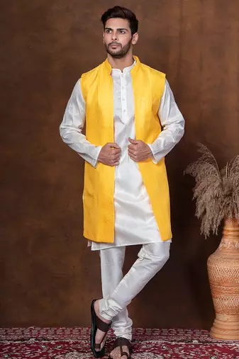 Golden silk blend kurta jacket churidar set for men with embroidered work