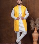 Golden silk blend kurta jacket churidar set for men with embroidered work