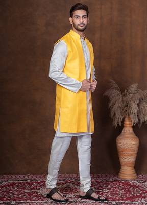 Golden silk blend kurta jacket churidar set for men with embroidered work 2