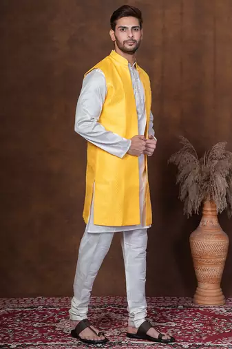 Golden silk blend kurta jacket churidar set for men with embroidered work