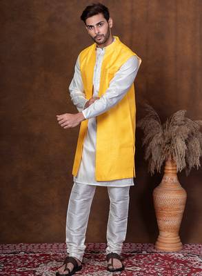 Golden silk blend kurta jacket churidar set for men with embroidered work 3