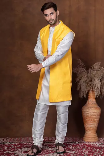 Golden silk blend kurta jacket churidar set for men with embroidered work