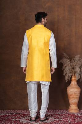 Golden silk blend kurta jacket churidar set for men with embroidered work 4