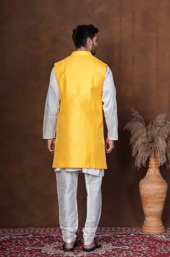 Golden silk blend kurta jacket churidar set for men with embroidered work