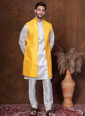 Golden silk blend kurta jacket churidar set for men with embroidered work 5