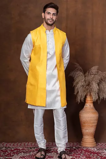 Golden silk blend kurta jacket churidar set for men with embroidered work