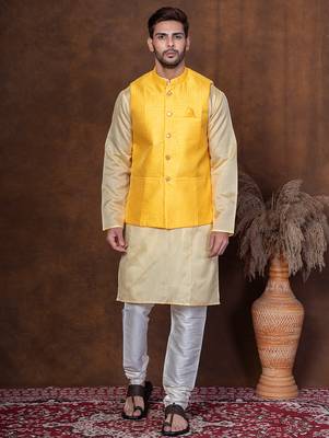 Yellow dupion kurta jacket churidar set for men with solid print 1