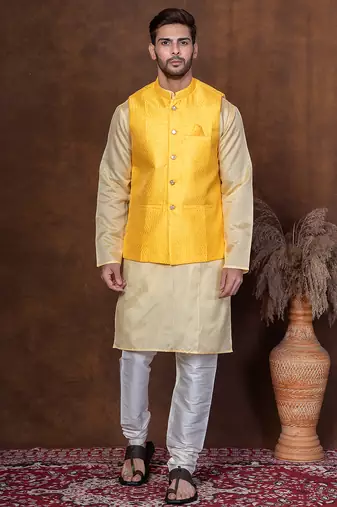 Yellow dupion kurta jacket churidar set for men with solid print