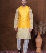 Yellow dupion kurta jacket churidar set for men with solid print