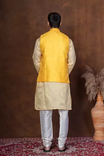 Yellow dupion kurta jacket churidar set for men with solid print