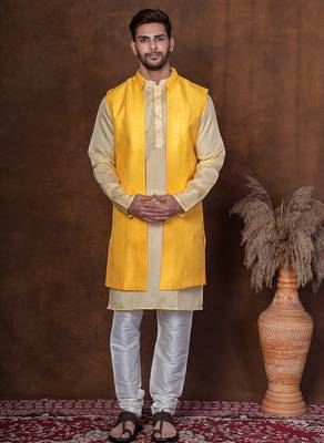Yellow dupion kurta jacket churidar set for men with solid print 1