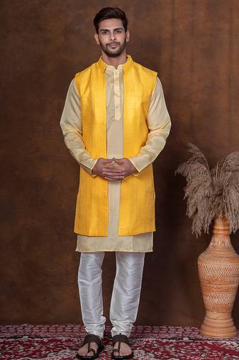 Yellow dupion kurta jacket churidar set for men with solid print