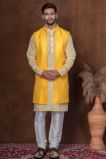 Yellow dupion kurta jacket churidar set for men with solid print