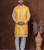 Yellow dupion kurta jacket churidar set for men with solid print