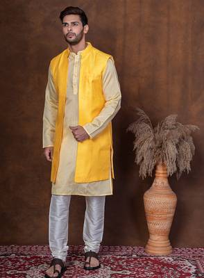 Yellow dupion kurta jacket churidar set for men with solid print 2