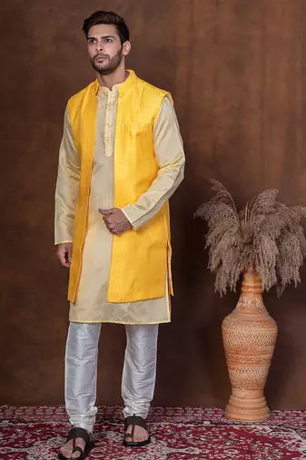 Yellow dupion kurta jacket churidar set for men with solid print