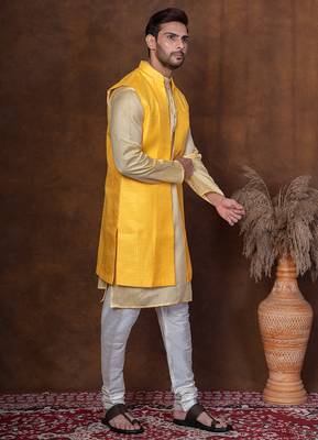 Yellow dupion kurta jacket churidar set for men with solid print 3