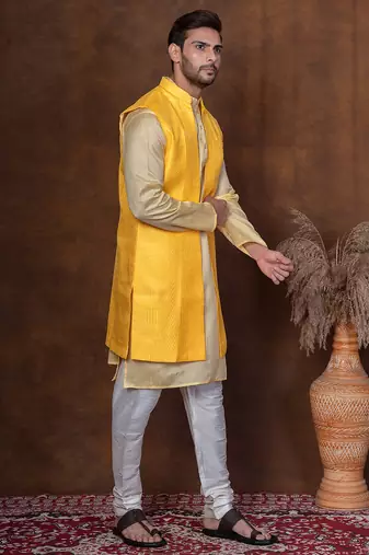 Yellow dupion kurta jacket churidar set for men with solid print