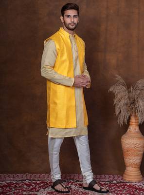 Yellow dupion kurta jacket churidar set for men with solid print 4