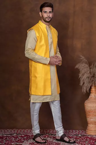 Yellow dupion kurta jacket churidar set for men with solid print