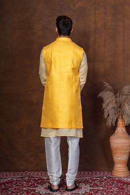 Yellow dupion kurta jacket churidar set for men with solid print 5