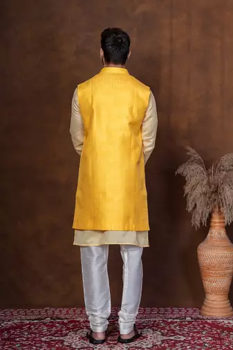 Yellow dupion kurta jacket churidar set for men with solid print