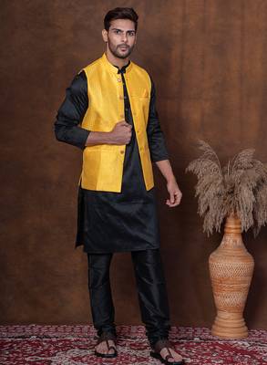Black dupion kurta jacket churidar set for men with solid print 1