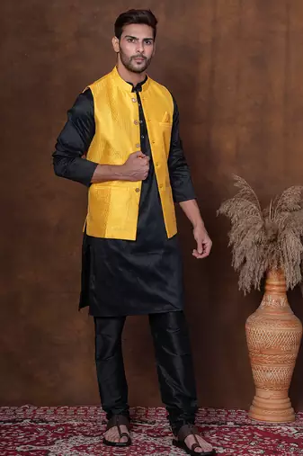 Black dupion kurta jacket churidar set for men with solid print