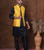 Black dupion kurta jacket churidar set for men with solid print