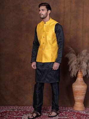 Black dupion kurta jacket churidar set for men with solid print 2