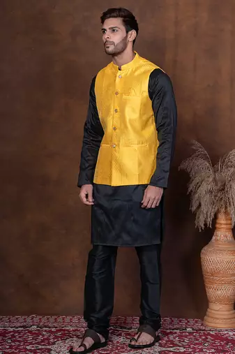 Black dupion kurta jacket churidar set for men with solid print