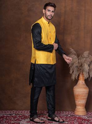 Black dupion kurta jacket churidar set for men with solid print 3