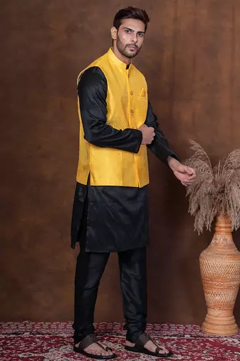 Black dupion kurta jacket churidar set for men with solid print