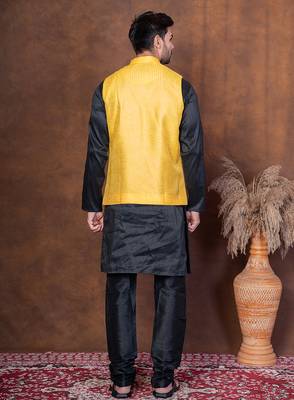 Black dupion kurta jacket churidar set for men with solid print 4