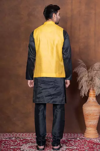 Black dupion kurta jacket churidar set for men with solid print