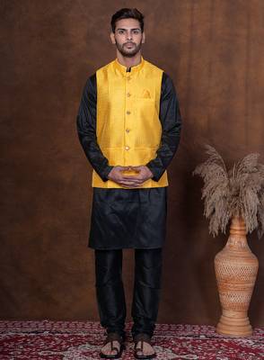 Black dupion kurta jacket churidar set for men with solid print 5