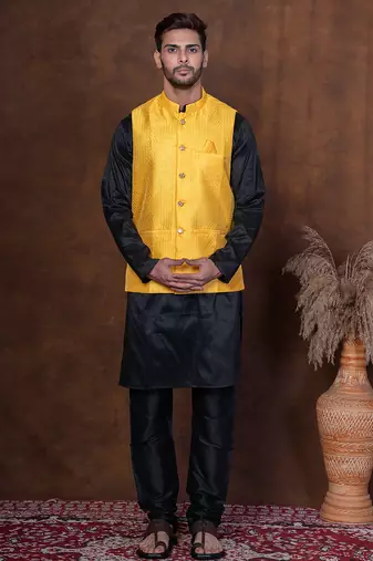 Black dupion kurta jacket churidar set for men with solid print
