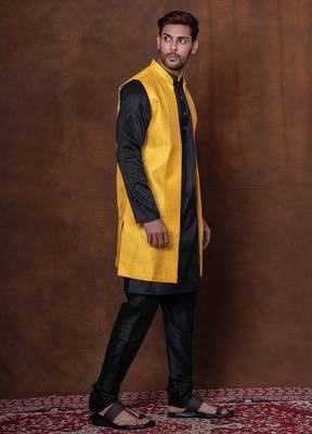 Black dupion kurta jacket churidar set for men with solid print 2