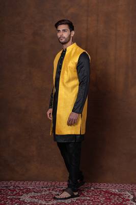 Black dupion kurta jacket churidar set for men with solid print 3