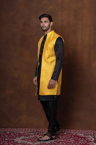 Black dupion kurta jacket churidar set for men with solid print