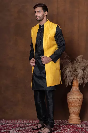 Black dupion kurta jacket churidar set for men with solid print