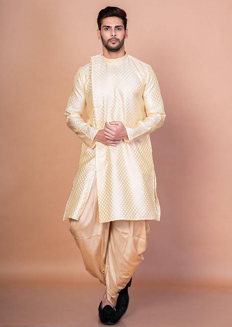 Golden dupion kurta patiala set for men with printed design