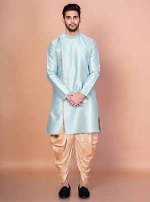 Sky blue dupion kurta patiala set for men with printed design 1