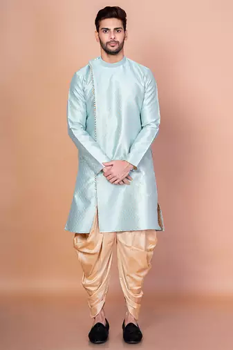 Sky blue dupion kurta patiala set for men with printed design