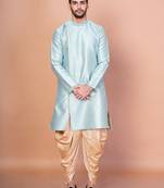 Sky blue dupion kurta patiala set for men with printed design