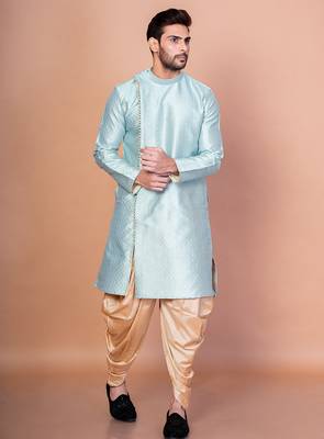 Sky blue dupion kurta patiala set for men with printed design 2