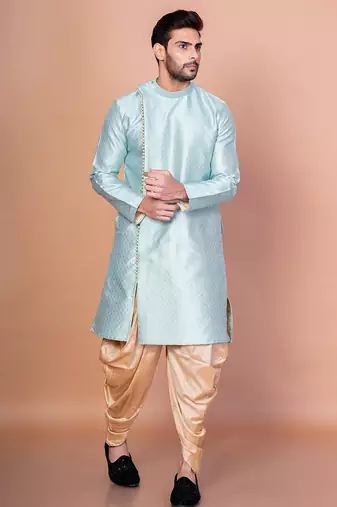 Sky blue dupion kurta patiala set for men with printed design