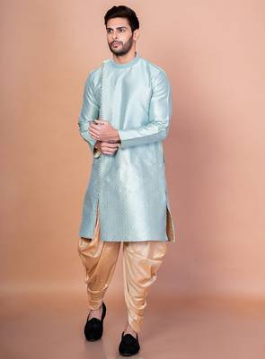 Sky blue dupion kurta patiala set for men with printed design 3